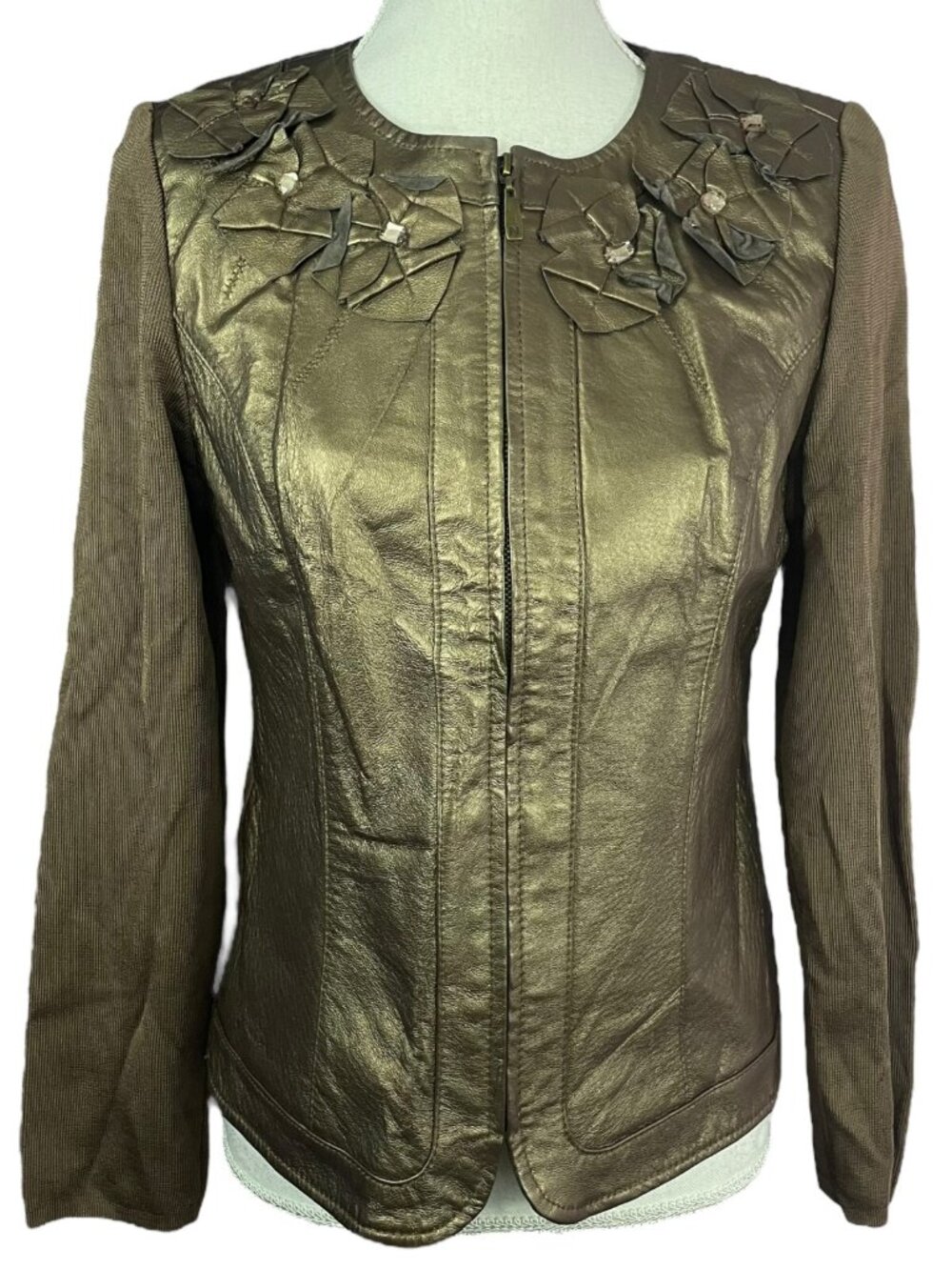 Nygard Leather Flower Jacket S Bronze Metallic Brown Zip Knit Sleeves Rhinestone